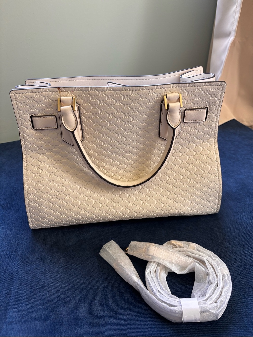 Michael Kors White and Brown Logo Stripe Satchel - Picture 3 of 5